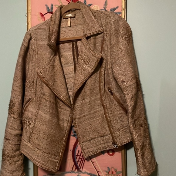 Free People Brown Tapestry Moto Jacket Womens 10 Blazer Aztec Woven - Picture 2 of 4